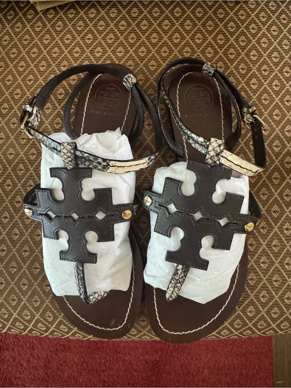 Tory Burch Brown Leather Sandals with Snakeskin Trim